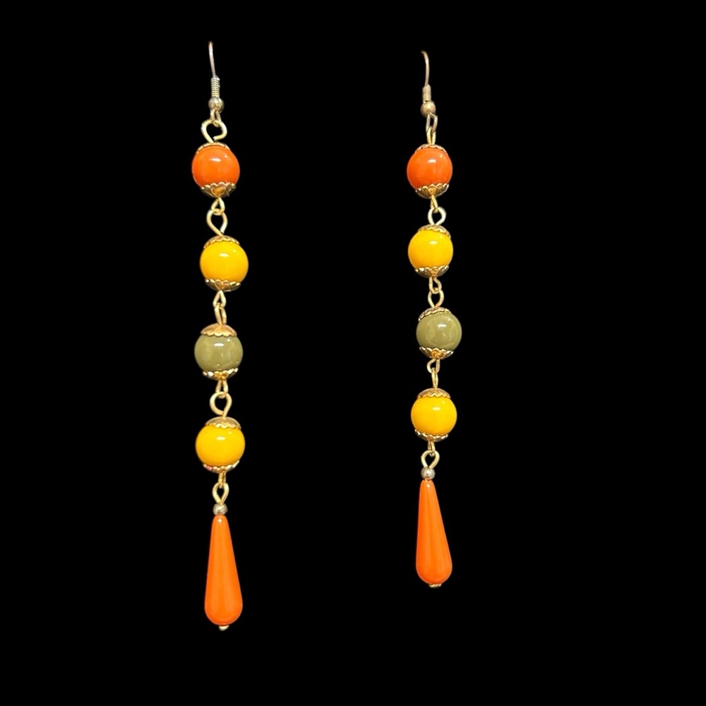 Vintage 1970s Vibrant Orange Green Yellow Dangle French Hook Earrings